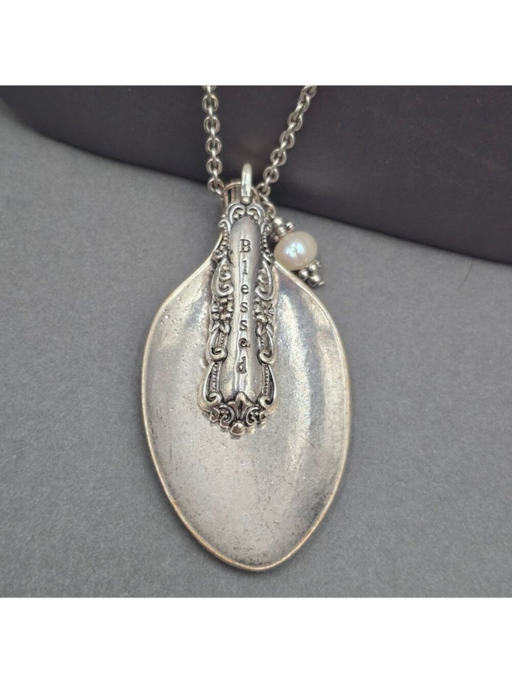 Vintage Blessed Spoon Pendant Necklace Silver Pearl Long Boho Statement Piece - Picture 10 of 16